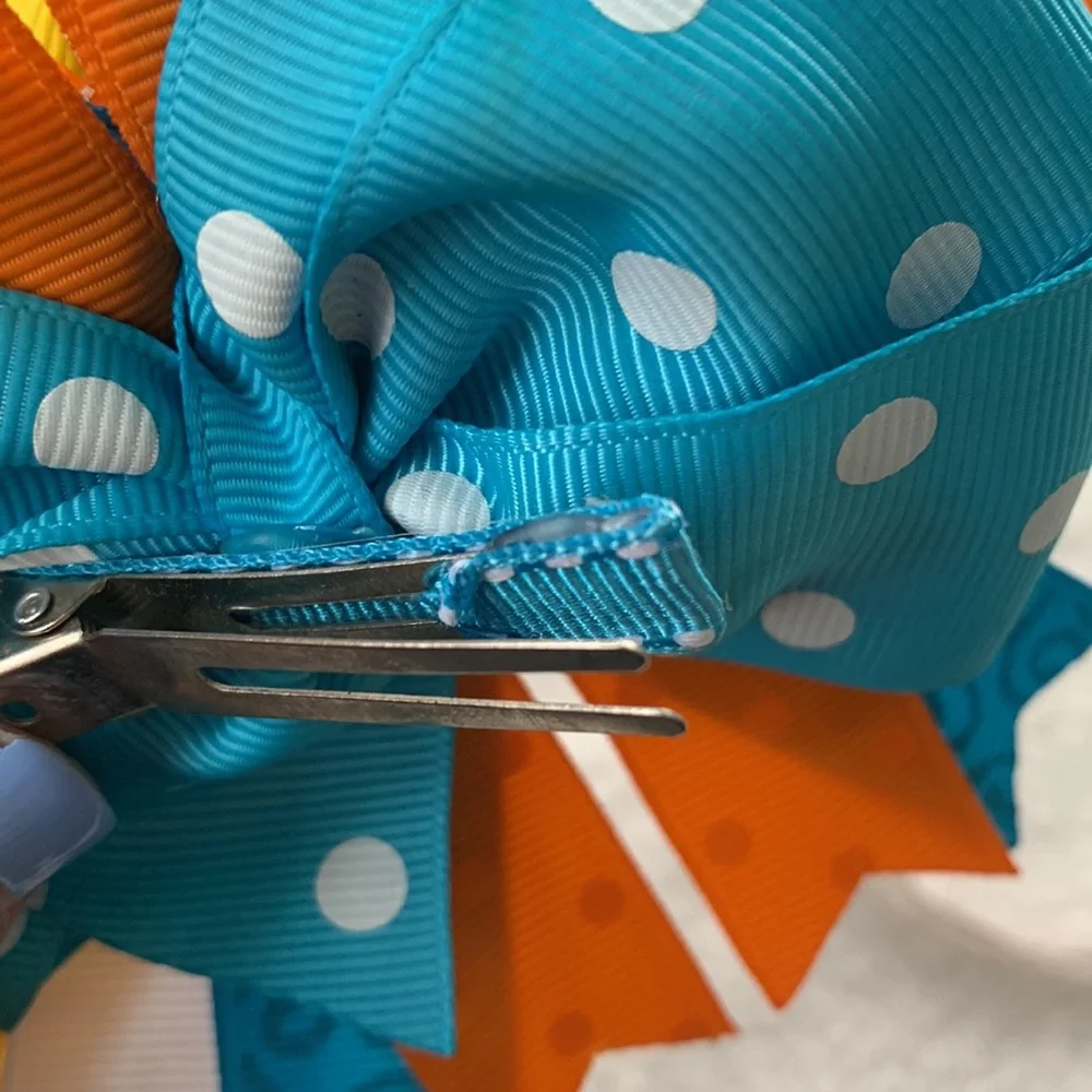Big Sunshine Day Hairbow Bow OTT Custom Made Orange Yellow & Blue EUC